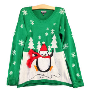 Allison Brittney Women's Sweater Green Size M Knit Penguin Winter Christmas